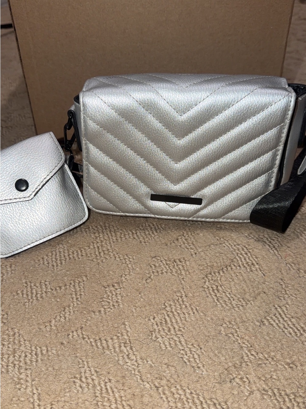 Silver Quilted Crossbody Bag with Coin Pouch
